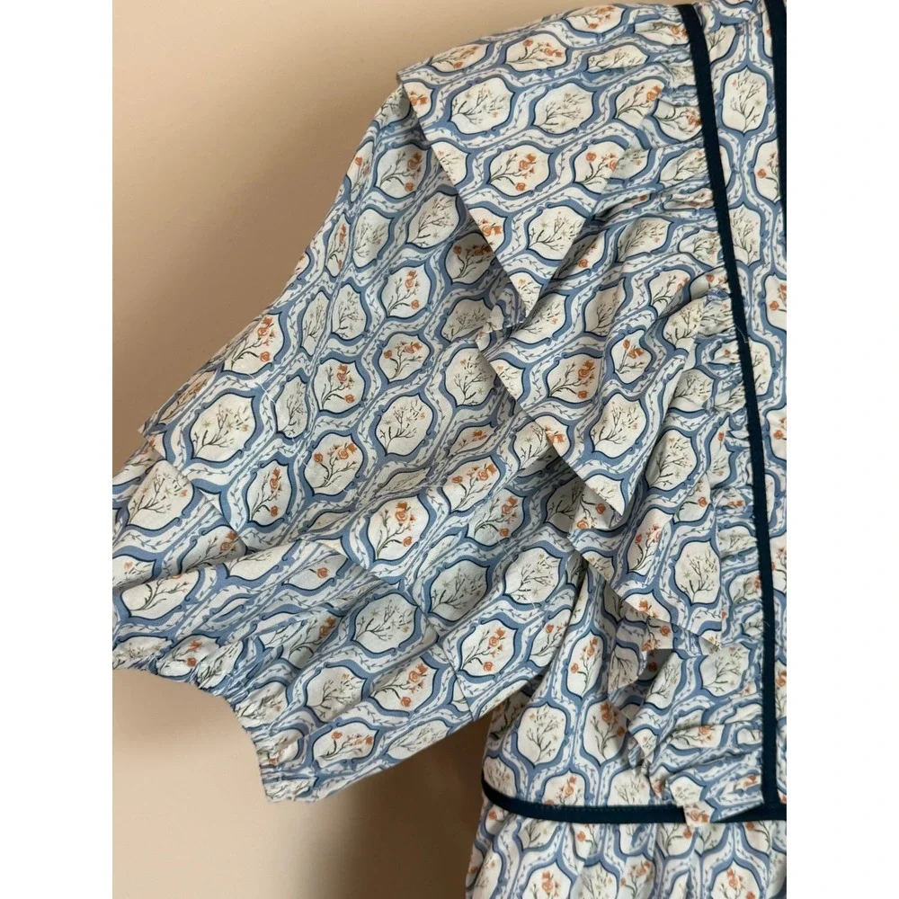 Tuckernuck Hyacinth House Blouse Women Medium Floral Ruffle Puff Sleeve Cotton